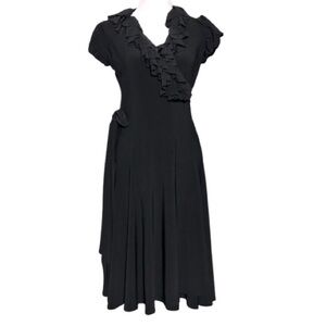 RALPH LAUREN Black Wrap Ruffle Dress Extra Small Designer Vintage Spandex Midi